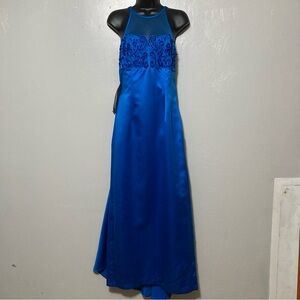 VTG Deadstock Blue Mesh Halter Beaded Evening Gown Bodycon 90s Y2K Maxi